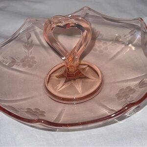 Pink Depression Glass Heart Handle Serving Dish Plate Floral Etched
